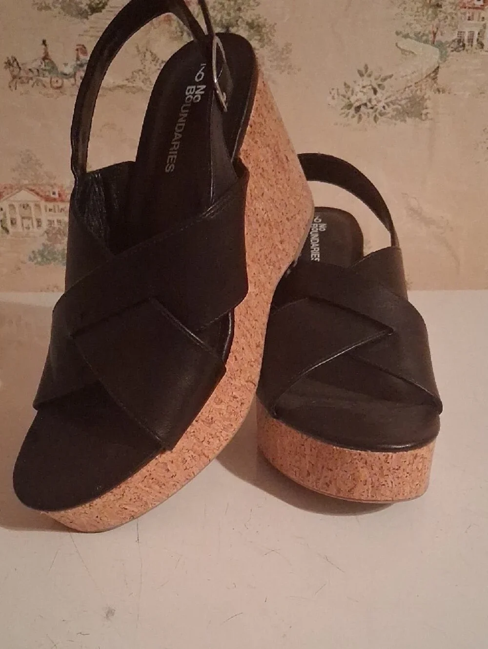 No Boundaries Black Wedge Sandals with Cork-Style Platform